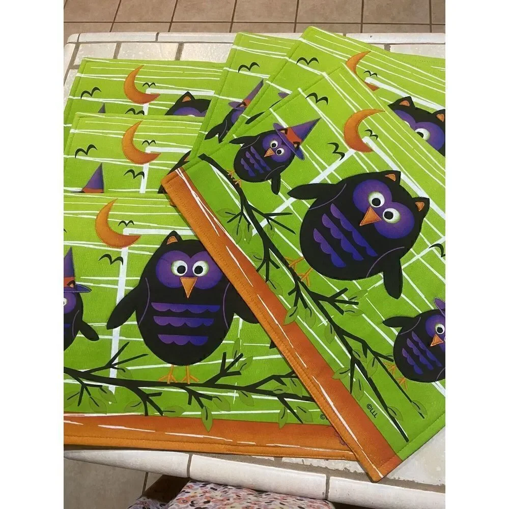 Halloween Placemats Owl Bats, And Owl Witches Black Purple‎ Set Of 6